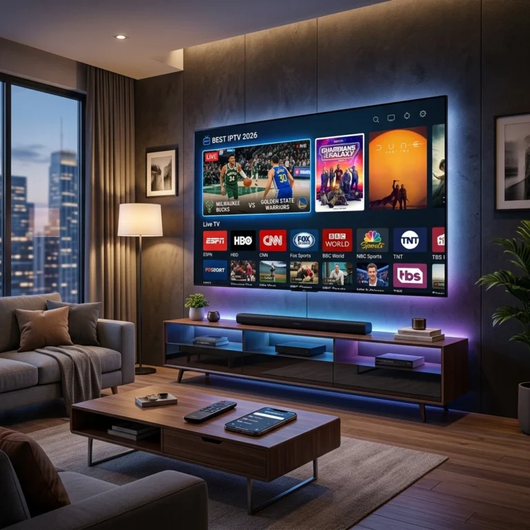 Best IPTV services 2026 showing premium 4K streaming on a large screen TV with live sports and movies