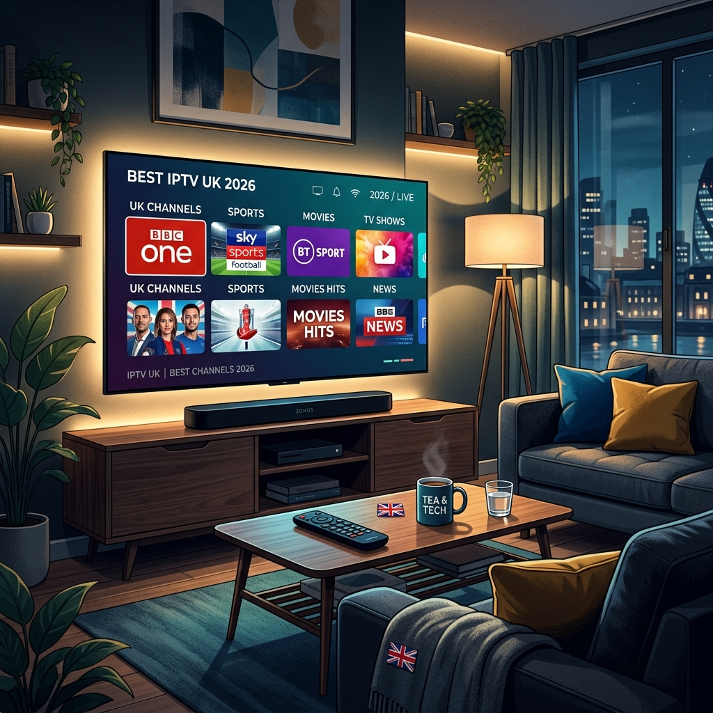 Best IPTV UK 2026 streaming setup showing premium 4K channels on a smart TV