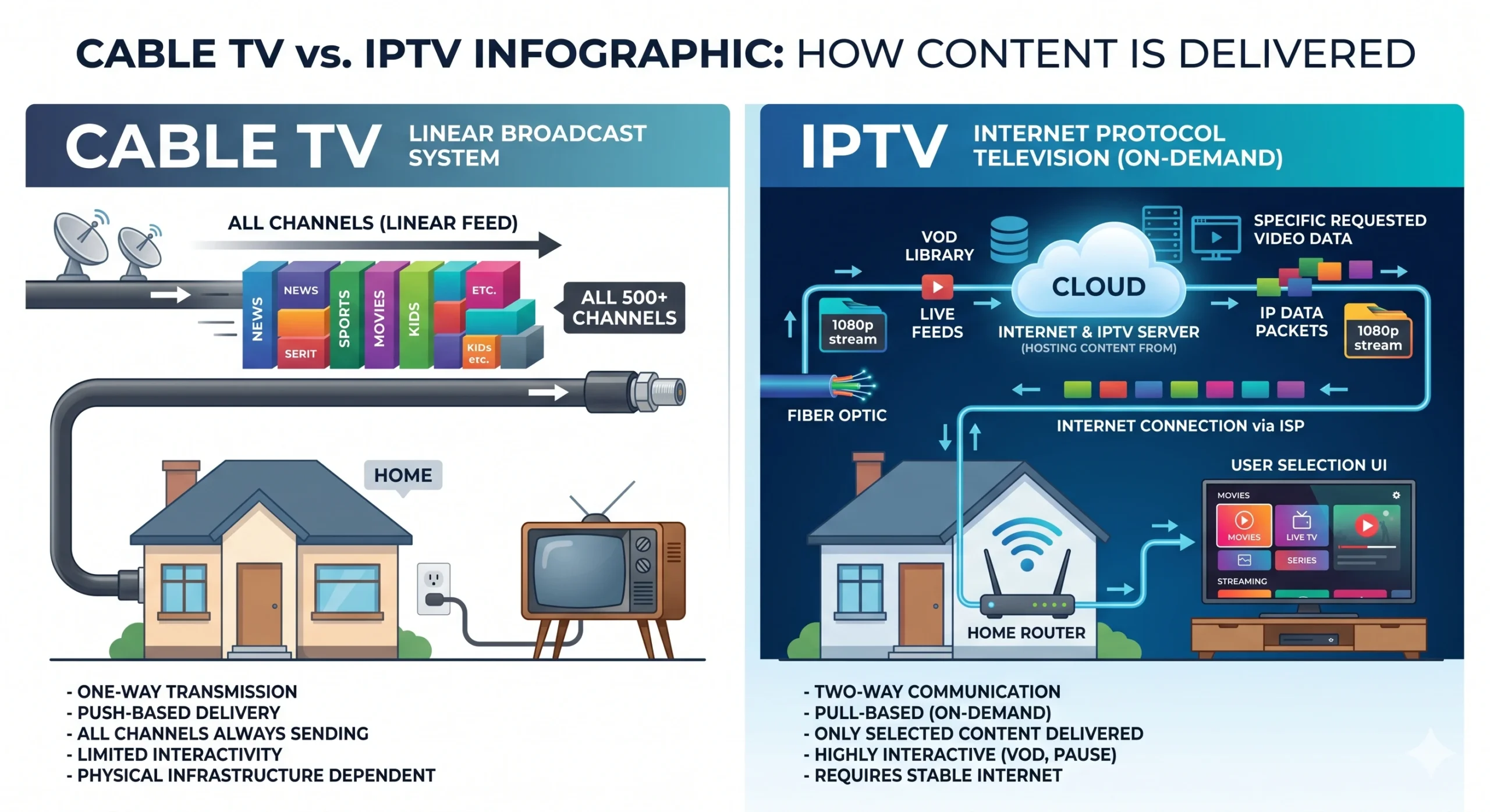 Diagram explaining what is IPTV and how its network architecture delivers packets over the internet